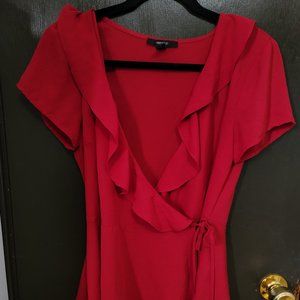 Blood Red color Forever 21 short Sleeve Top Flowy Ruffle neck cross side tie